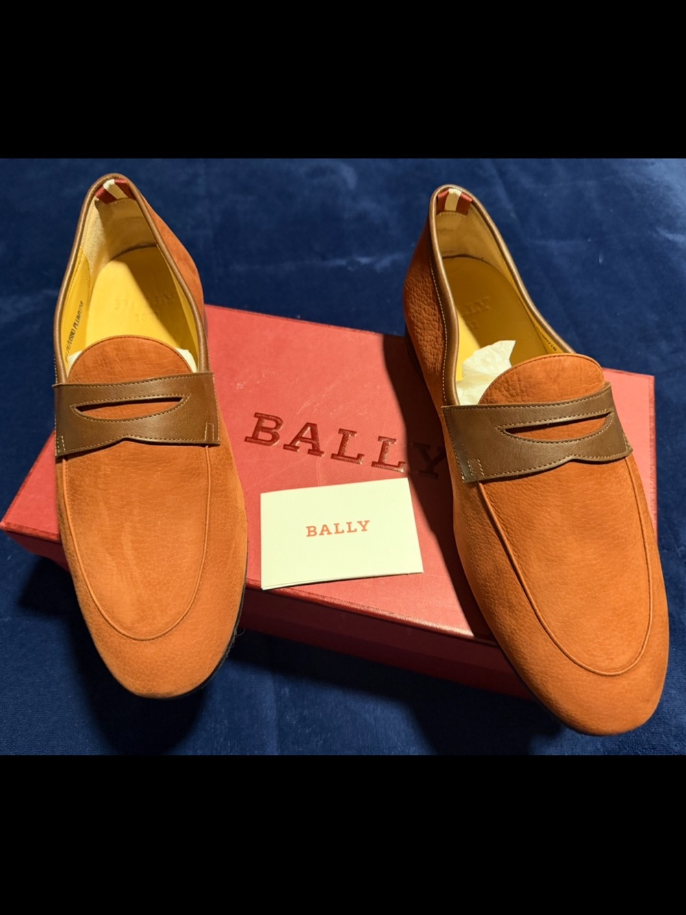 Bally Men's Orange Suede Penny Loafers with Brown Strap